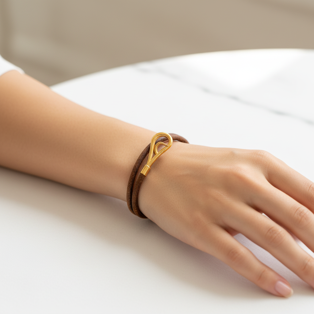 Vintažinė Hermès odinė apyrankė su auksiniu kabliuku (dviguba)