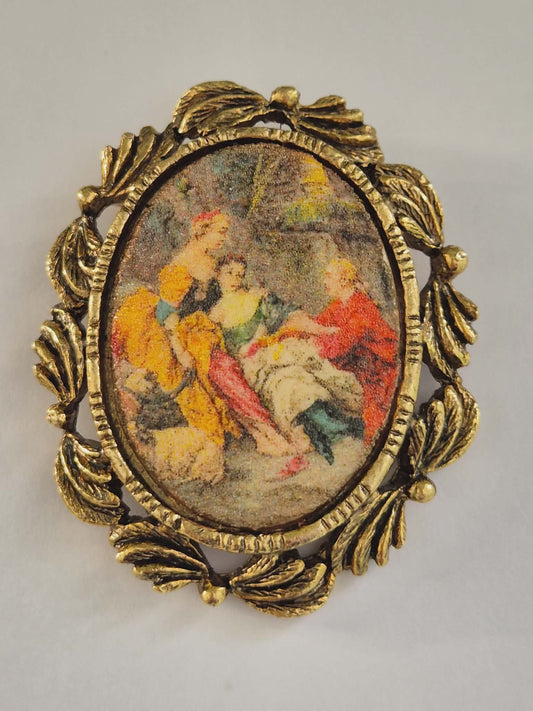 Vintažinė West Germany sagė su Rokoko scena, decoupage, 1970 m.