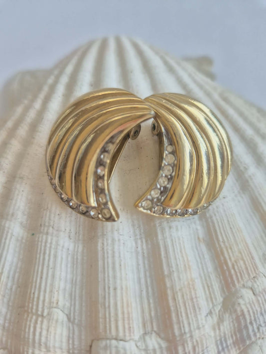 Vintažiniai auksiniai klipsai su kristalais, bangų dizainas, 1980-1990 m.